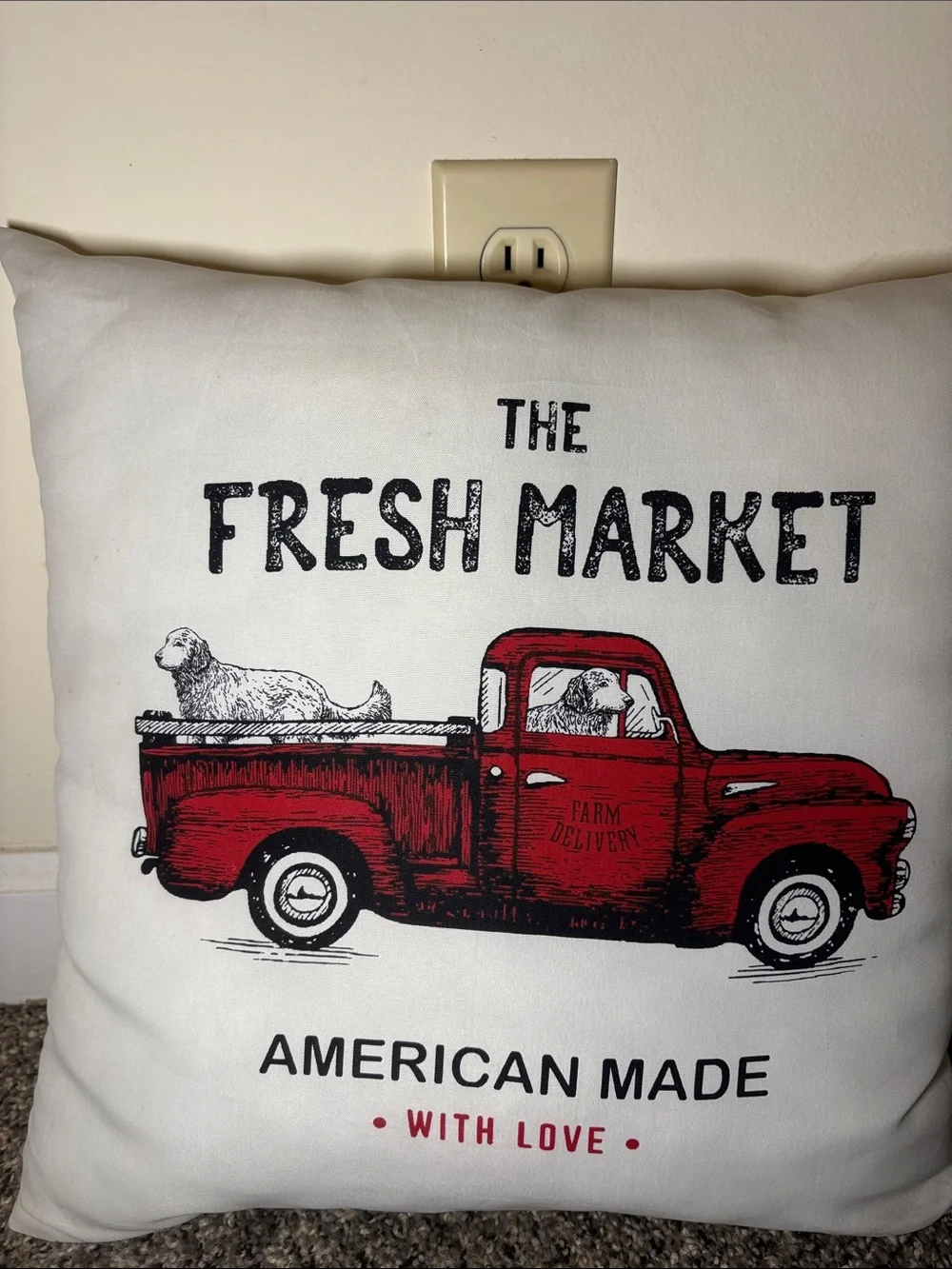 Red Truck Farm Pillow with Black Text